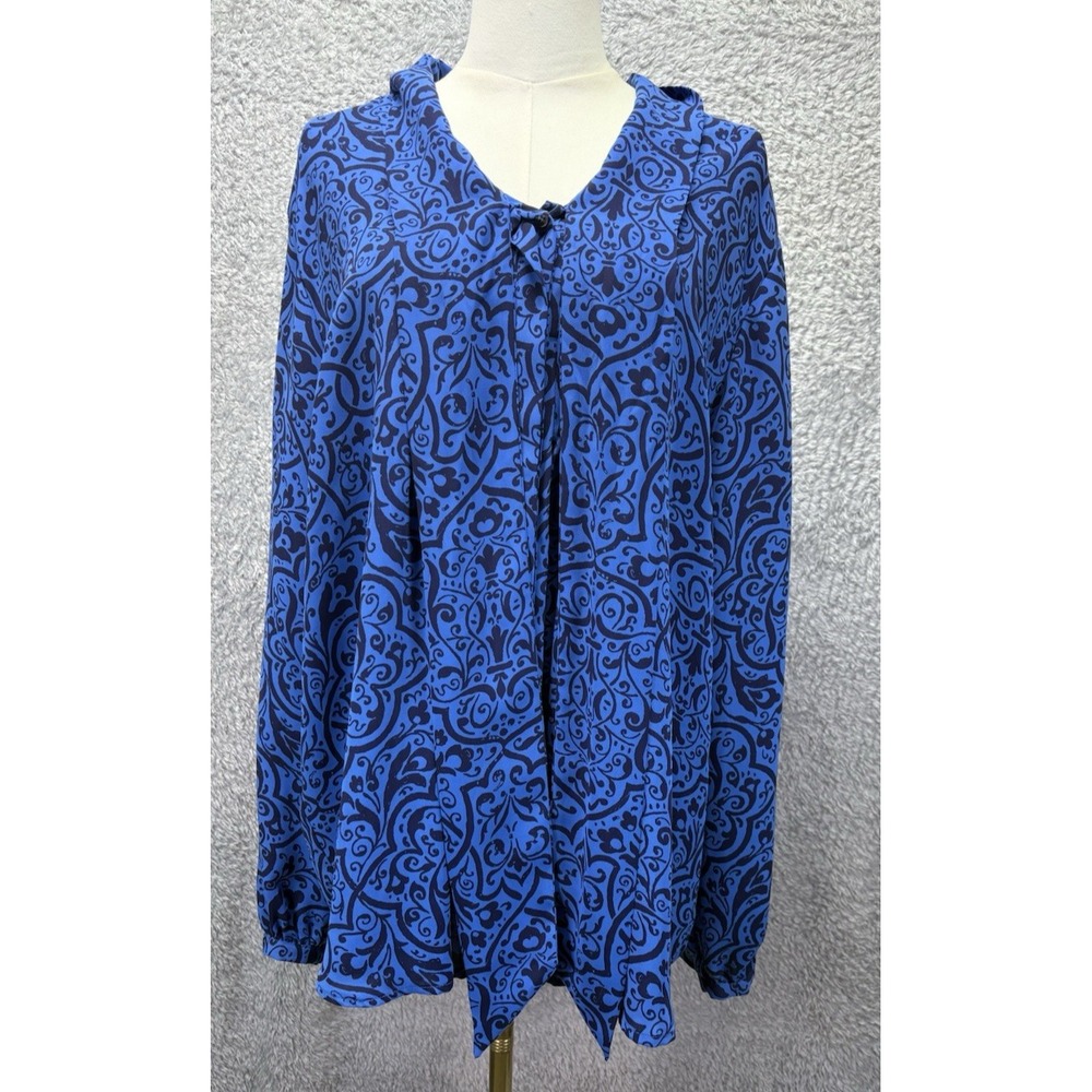 Lands End Womens 20W Blue Geometric Tunic Blouse Bow Long Sleeve Plus Size
